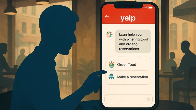 Интерфейс приложения Yelp с чатом ИИ-ассистента, показывающим возможности заказа и бронирования.
