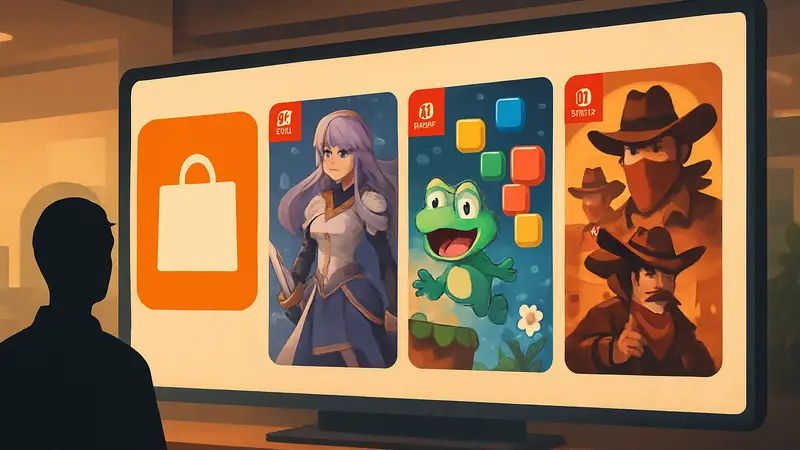 Логотип Nintendo eShop с несколькими обложками новых игр для Nintendo Switch