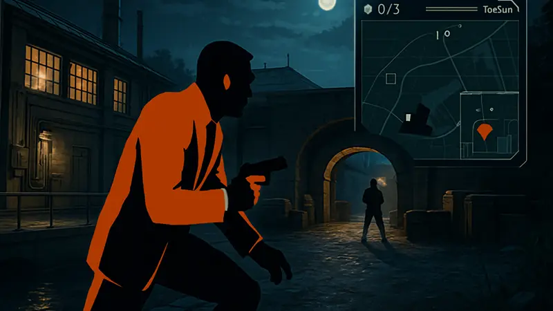 Скриншот из 007 First Light с Джеймсом Бондом в экшене, интерфейс режима TacSim и элемент геймплея.