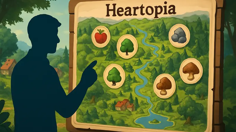 Интерактивная карта Heartopia с отметками ресурсов: фрукты, руда, деревья, грибы.
