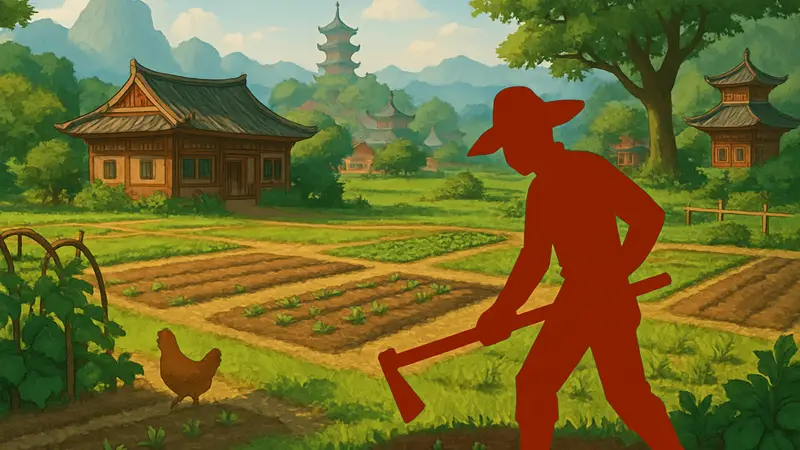 Обложка игры Halcyon Days, изображающая фермерский симулятор в стиле Stardew Valley на фоне Древнего Китая.
