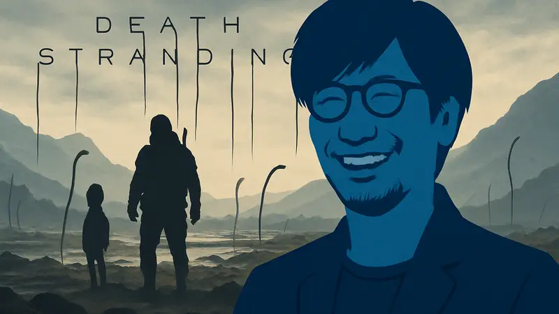 Хидео Кодзима улыбается на фоне логотипа Death Stranding.