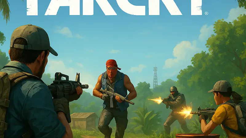 Логотип Far Cry на фоне игровой сцены с несколькими персонажами, намекающими на мультиплеер.