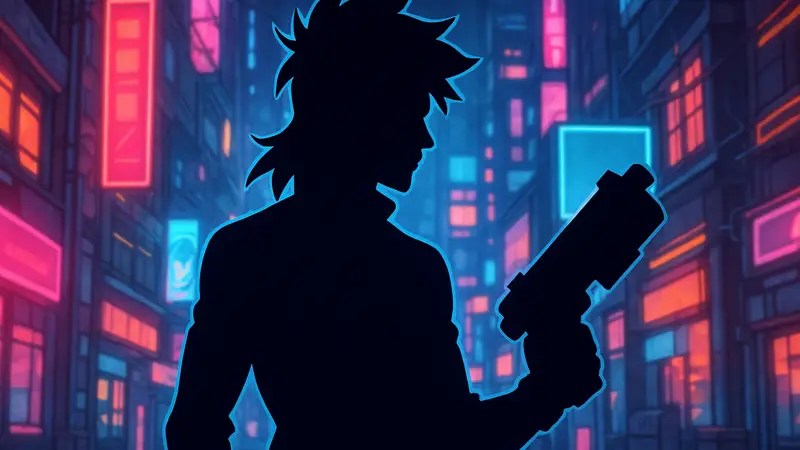 Персонаж Mullet Madjack в аниме-стиле на фоне неоновых огней