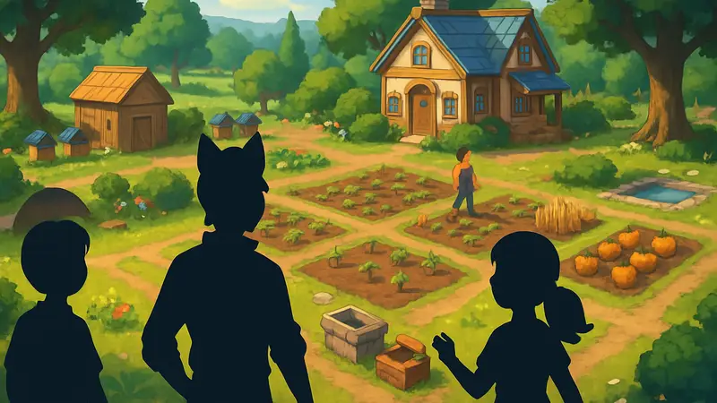 Игровой скриншот Moonfrost, показывающий ферму, персонажей и элементы строительства, вдохновлённые Stardew Valley и Animal Crossing.