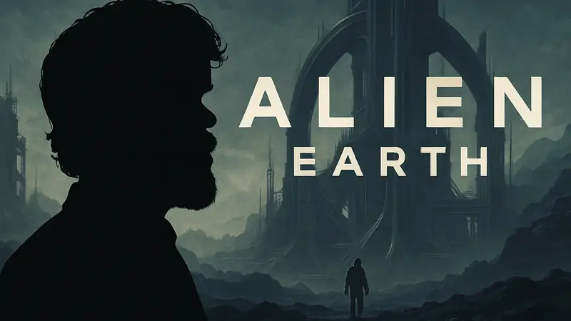 Питер Динклэйдж, актёр, на фоне логотипа сериала «Чужой: Земля».