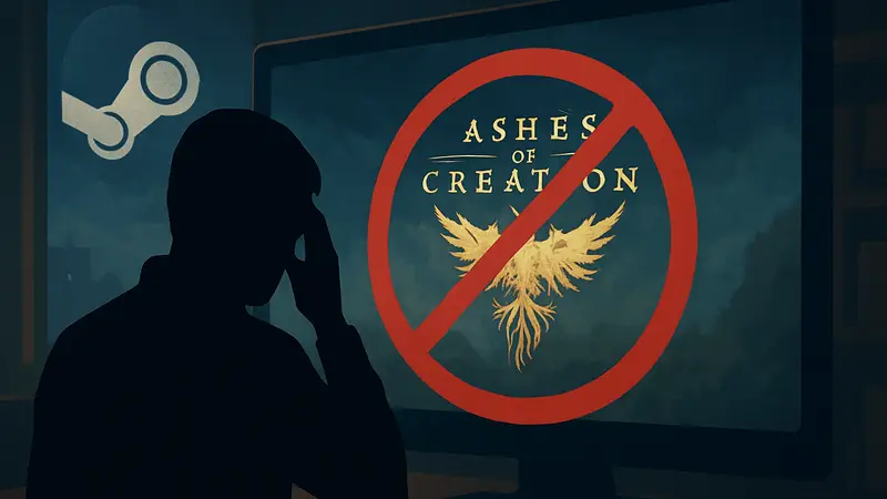 Логотип игры Ashes of Creation на фоне платформы Steam, символизирующий её удаление из магазина