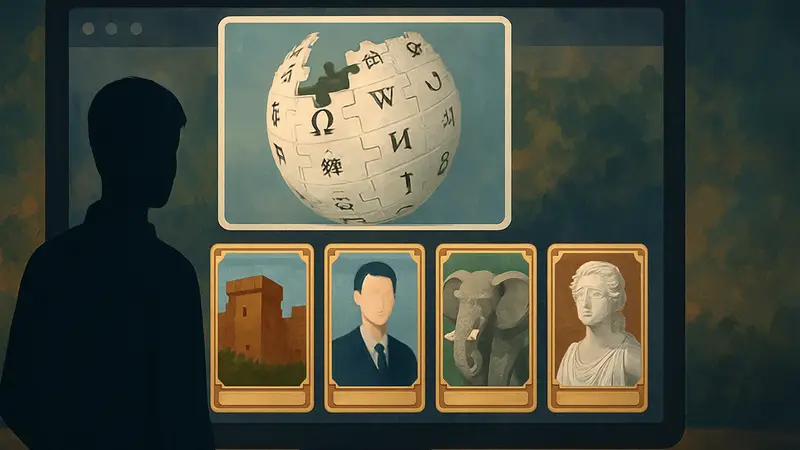 Скриншот карточной игры Wikigacha, показывающий коллекционные карты с Википедии