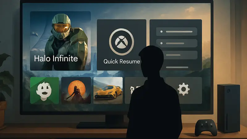 Интерфейс нового дашборда Xbox Series X|S с элементами Quick Resume и настройки игрового меню.