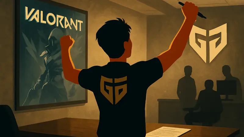 Игрок VALORANT Xiesta в форме Gen.G празднует подписание контракта.