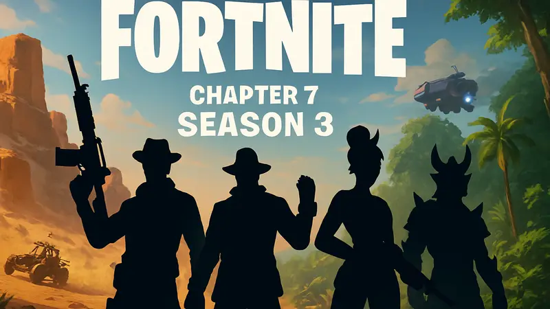Логотип Fortnite с надписью "Chapter 7 Season 3" на фоне динамичного игрового процесса или новых персонажей сезона, анонсирующих дату релиза.