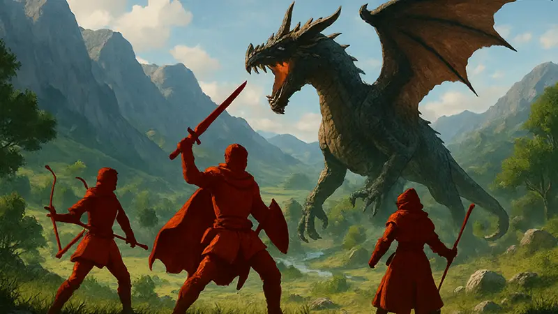 Герой и спутники из Dragon's Dogma 2 сражаются с монстром в открытом мире