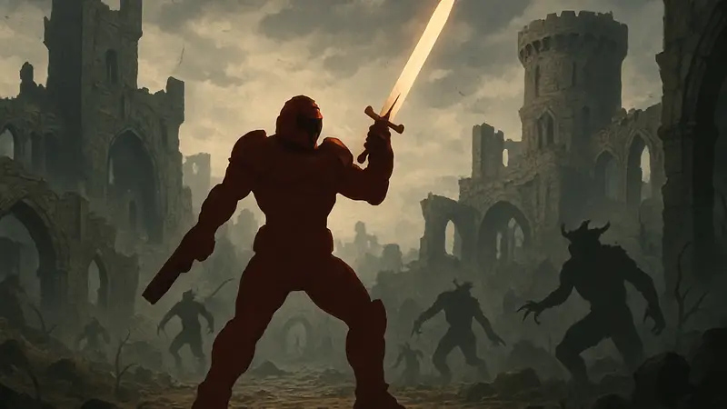 Протагонист Doom: The Dark Ages в бою на фоне мрачных средневековых руин.