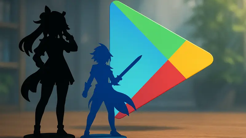 Фигурки персонажей Genshin Impact и Honkai Star Rail рядом с логотипом Google Play.