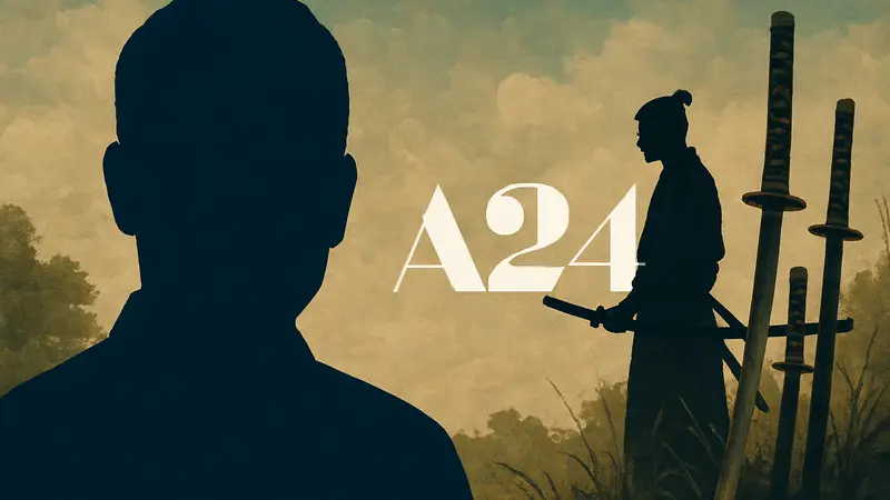 Портрет режиссёра Хиро Мурая с логотипом студии A24 на фоне самурайских мечей, символизирующих фильм «Бусидо».
