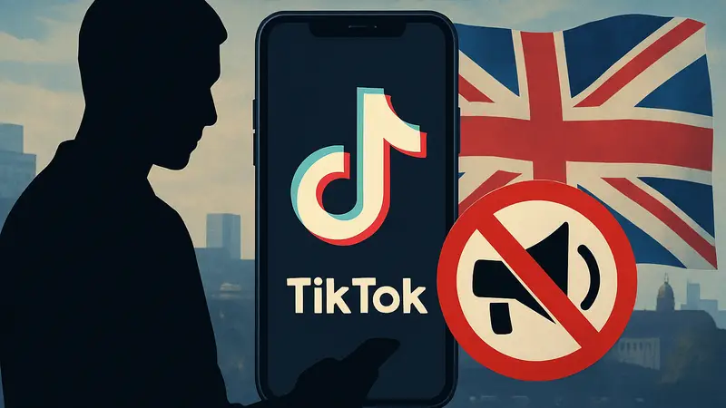 Логотип TikTok на смартфоне, рядом значок «нет рекламы» и флаг Великобритании.