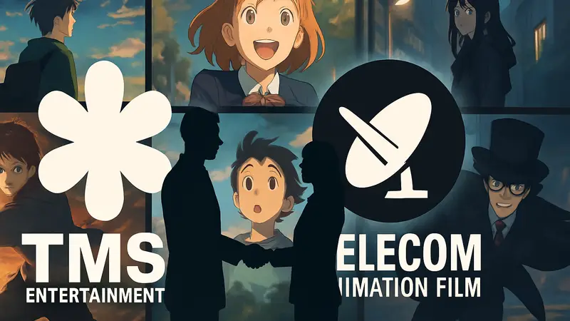 Логотипы TMS Entertainment и Telecom Animation Film на фоне аниме-кадров, символизирующие слияние студий