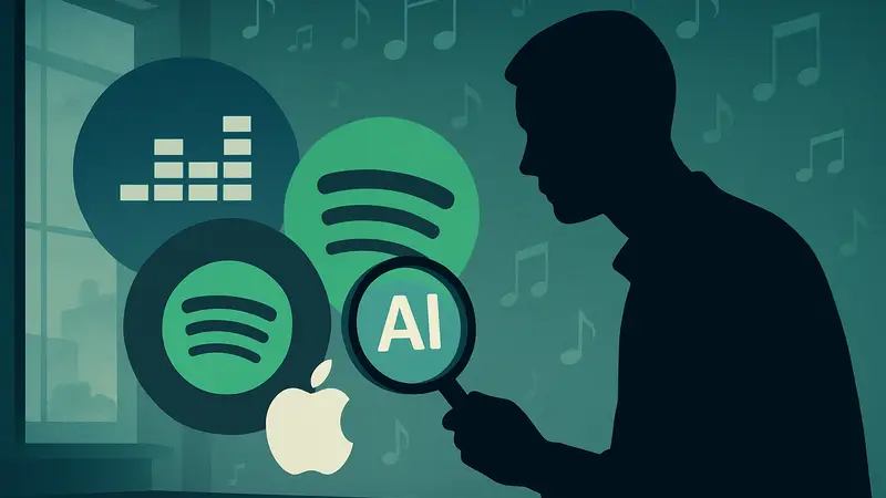 Изображение логотипов Deezer, Spotify и Apple Music с символом ИИ, выявляющим музыку.