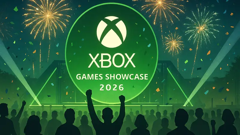 Логотип Xbox Games Showcase 2026 с датой 'воскресенье' и праздничной атмосферой анонсов.