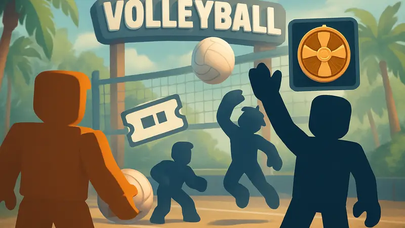 Персонажи Roblox Volleyball Legends с элементами интерфейса, намекающими на коды и награды.