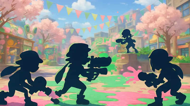 Яркий скриншот геймплея Splatoon 3 с персонажами во время весеннего Сплатфеста на Nintendo Switch.