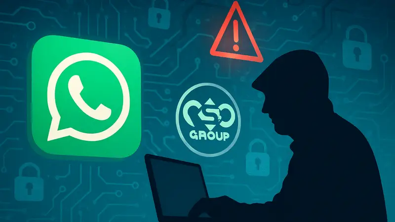 WhatsApp, логотип NSO Group, шпионское ПО, кибератаки, кибербезопасность