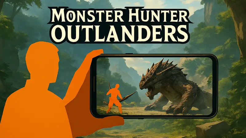 Логотип Monster Hunter Outlanders на фоне мобильной игры, демонстрирующий охоту на монстров.