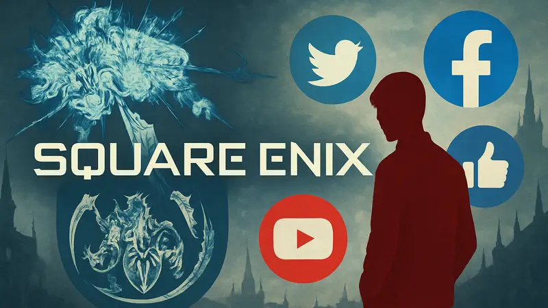 Логотип Square Enix на фоне символов Final Fantasy XIV и икон соцсетей.