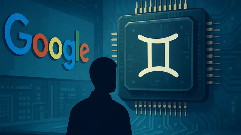 Логотип Google и схематичное изображение микросхемы (ИИ-чипа) с символом Gemini.