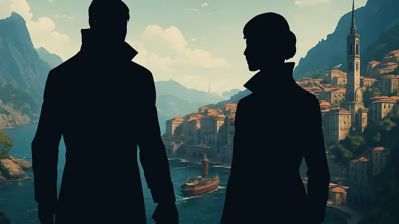 Главные герои Dishonored 2, Корво Аттано и Эмили Колдуин, стоят на фоне города Карнака.