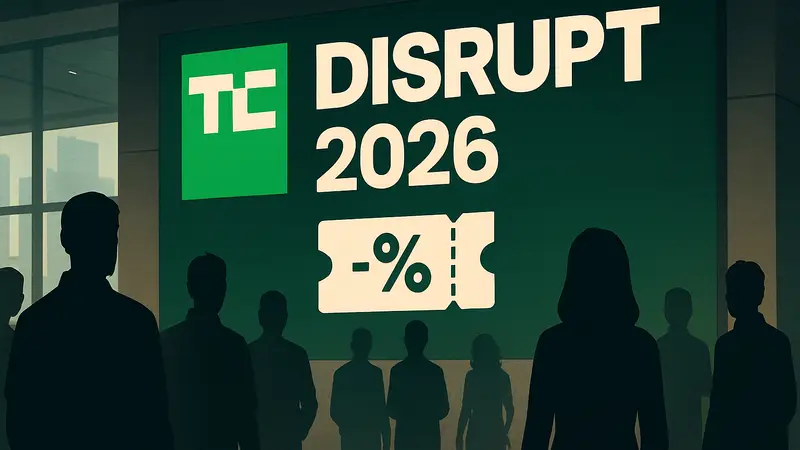 Логотип TechCrunch Disrupt 2026 с датами конференции и указанием скидок на билеты