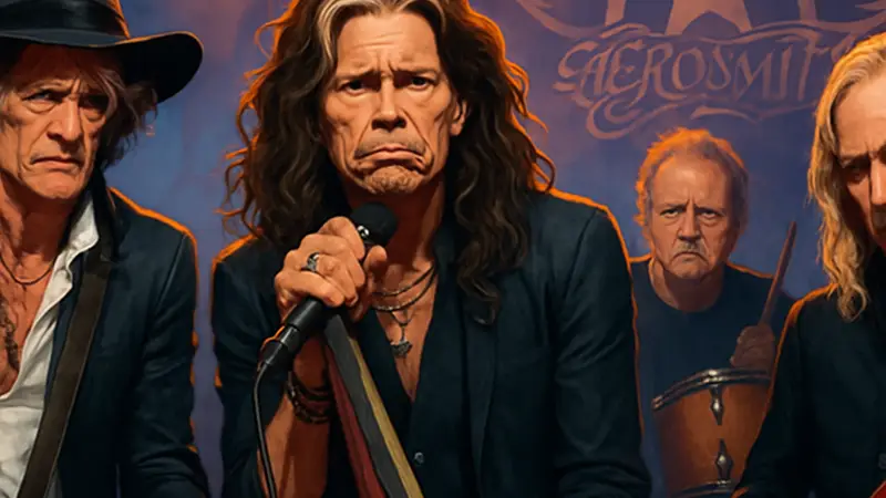 Группа Aerosmith выступает на сцене, их лица выражают смешанные эмоции по отношению к своему хиту.