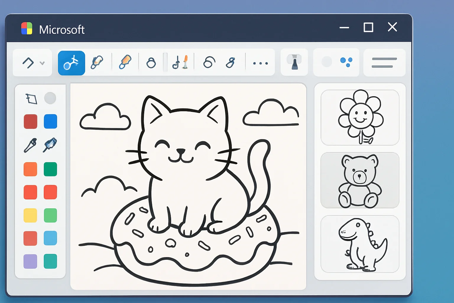 Интерфейс Microsoft Paint с функциями ИИ, создающий книжку-раскраску с котом на пончике.