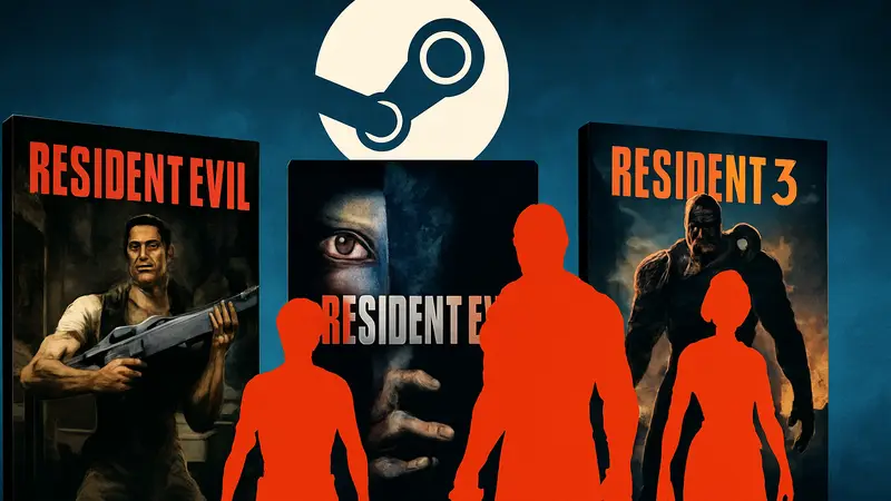 Обложки оригинальных игр Resident Evil, появившихся в Steam, на фоне логотипа Steam.