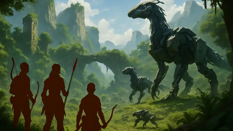 Кадр из игры Horizon Hunters Gathering, показывающий охотников и роботов