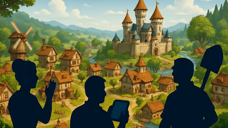 Скриншот градостроительного симулятора Townsmen - A Kingdom Rebuilt с средневековым городом на фоне.