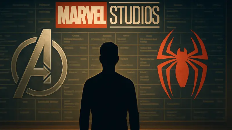 Логотипы Marvel Studios, Мстителей, Человека-паука на фоне расписания фильмов и сериалов MCU.