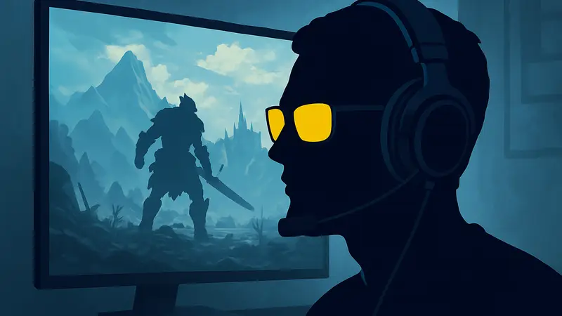 Игровые очки Gunnar Tera на голове геймера, сидящего в гарнитуре