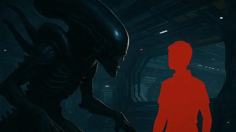 Ксеноморф из игры Alien: Isolation 2 на фоне космического корабля.