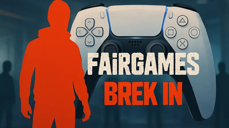 Логотип игры Fairgames или предполагаемый логотип Break In на фоне контроллера PlayStation 5, символизирующий ожидаемый эксклюзив.