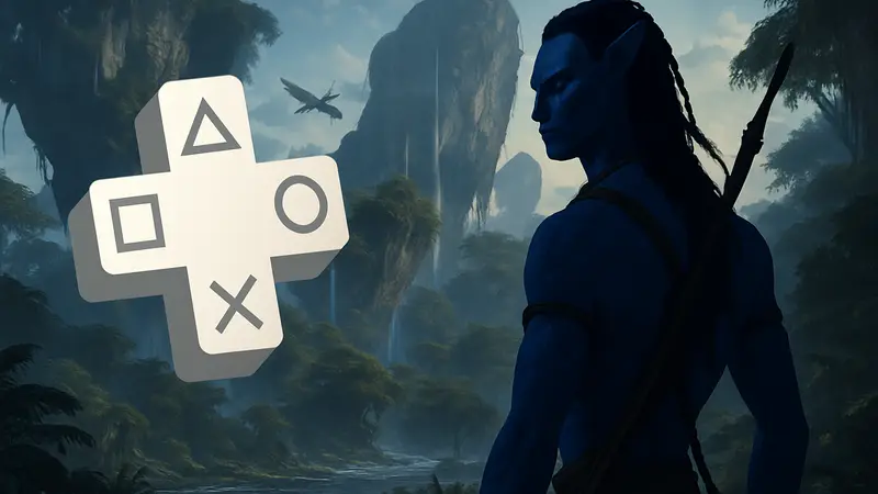 Логотип PS Plus и обложка игры Avatar: Frontiers of Pandora, представляющие июльские новинки.