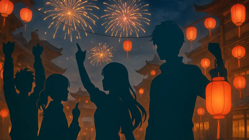 Персонажи из Love and Deepspace, празднующие Лунный Новый год с фейерверками и фонариками.