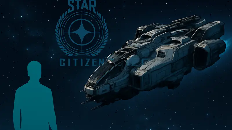 Скриншот космического корабля из игры Star Citizen на фоне звёздного неба