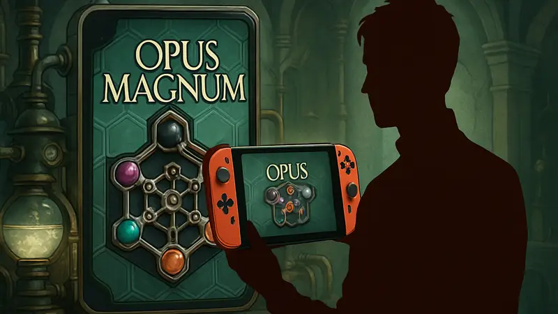 Обложка игры Opus Magnum на Nintendo Switch, алхимическая машина, головоломки.