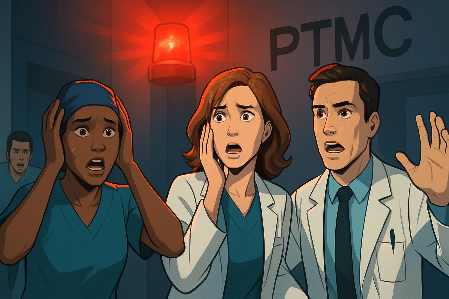 Медперсонал PTMC в панике, на фоне мигает красная лампа – Код «Черный» из сериала «Питт».