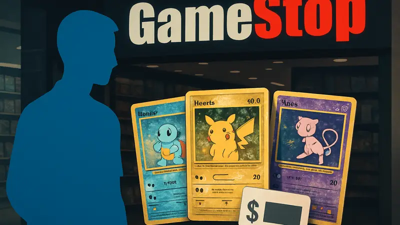 Коллекционные карты Pokémon к 30-летию на фоне логотипа GameStop с ценником.