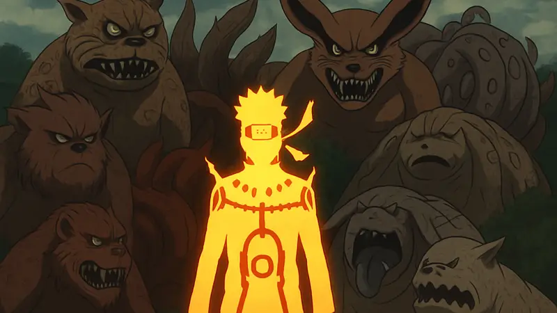 Наруто Узумаки в режиме Кьюби на фоне Хвостатых Зверей, иллюстрация из аниме.