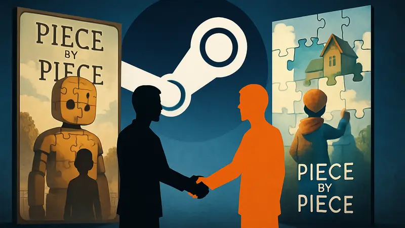 Изображения двух игр Piece by Piece на фоне логотипа Steam, символизирующие сотрудничество.