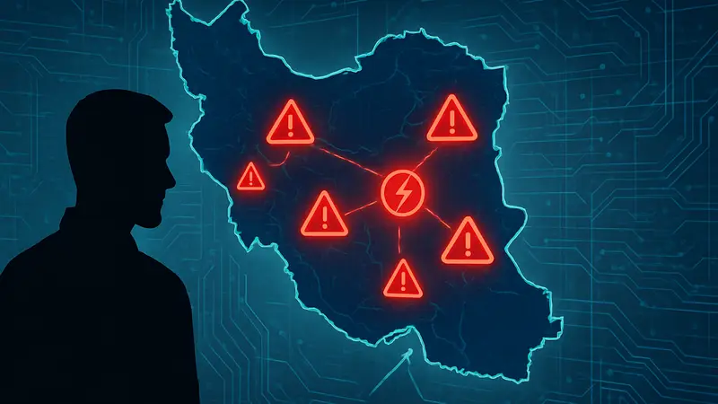 Карта Ирана с обозначением кибератак или сбоев интернета на цифровой схеме.