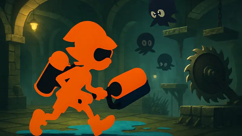 Кадр из игры Splatoon Raiders, инклинг сражается в подземелье «Нарежь и Режь»